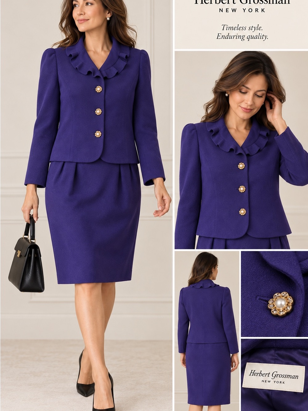 Vintage Herbert Grossnan New York Purple Skirt Suit, Size 8, Ruffle Collar